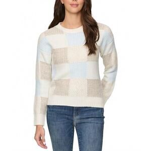 NEW FLAGS & ANTHEM rainelle patchwork crewneck sweater in tan/blue/cream